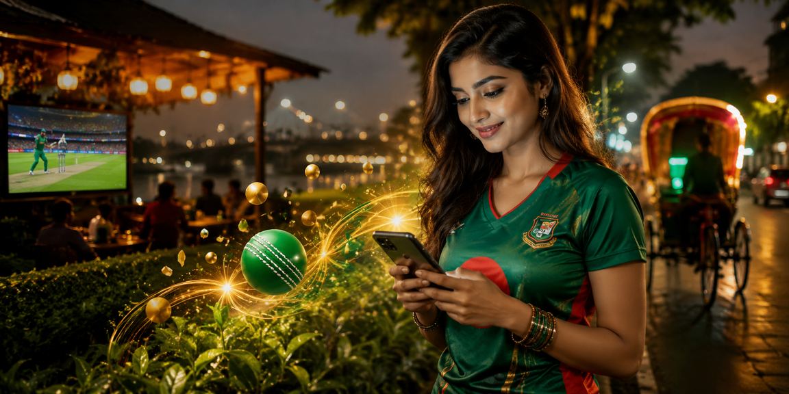 ঢাকার চা বাগানের পটভূমিতে মোবাইলে bdrich বেটিং করছেন একজন ব্যবহারকারী