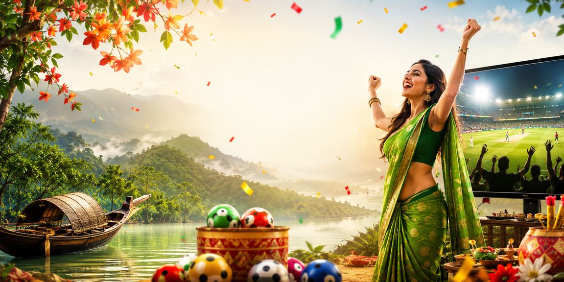 সুন্দরবনের পটভূমিতে শাড়ি পরা নারী ব্যবহারকারী মোবাইলে ক্রিকেট বেটিং করছেন
